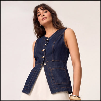 Düğmeli Denim Kolsuz Yelek