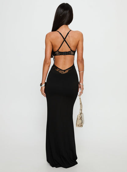 Siyah Dantel Halter Yaka Maxi Elbise