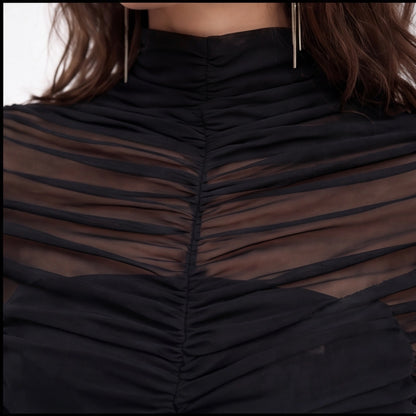 Büzgülü Şeffaf Panelli Kısa Kollu Bodysuit