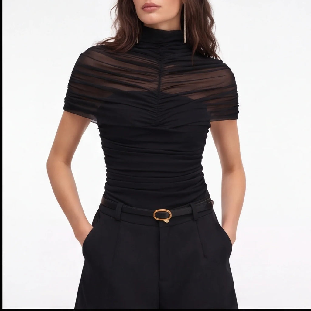 Büzgülü Şeffaf Panelli Kısa Kollu Bodysuit