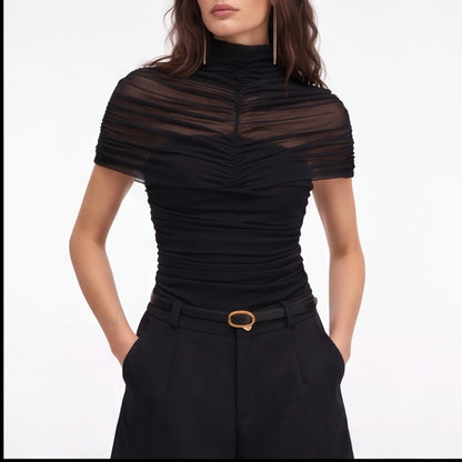 Büzgülü Şeffaf Panelli Kısa Kollu Bodysuit