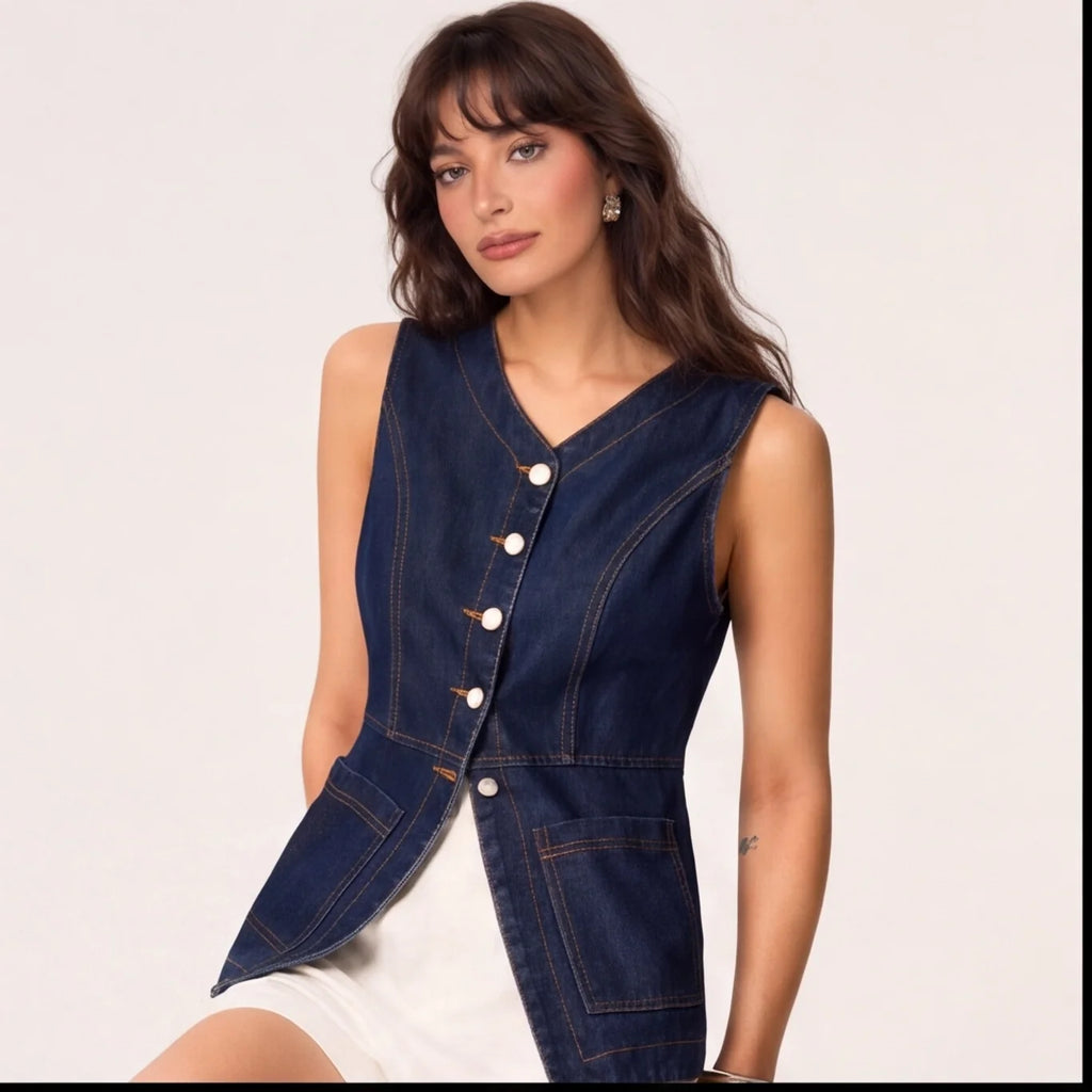 Düğmeli Denim Kolsuz Yelek