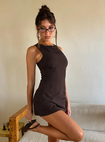 Kahverengi İnce Çizgili Kolsuz Tulum