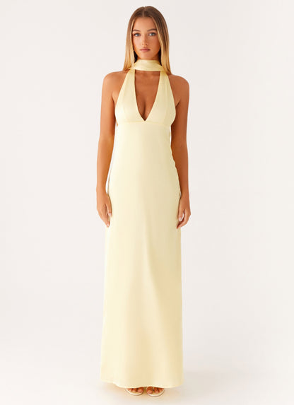 Sarı Saten Halter Yaka Maxi Elbise