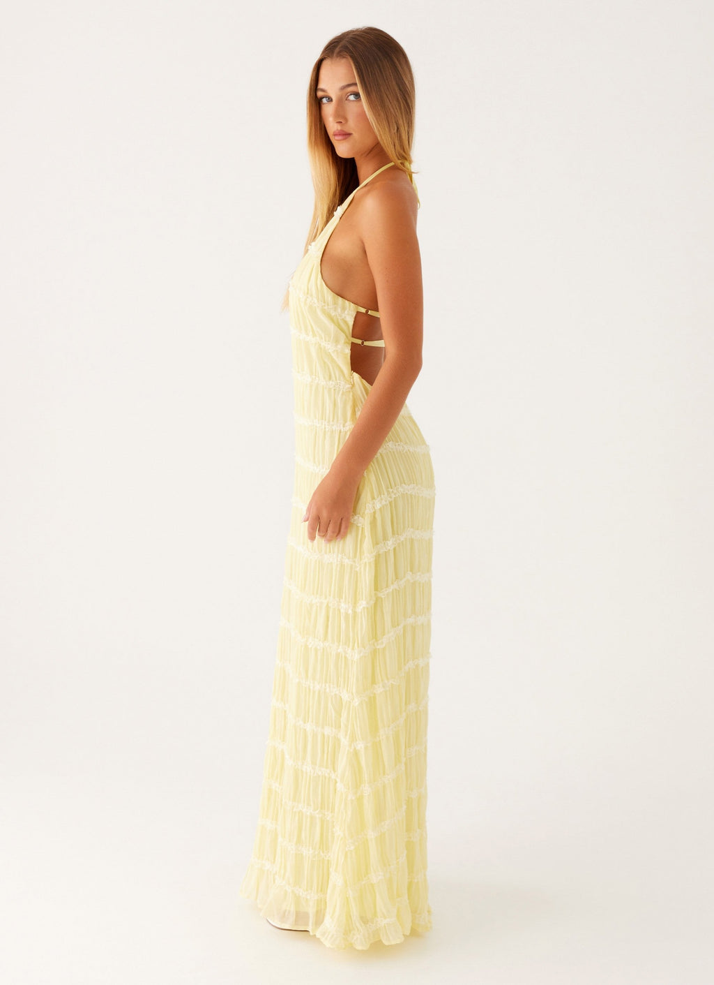 Sarı Dantel Detaylı Halter Maxi Elbise