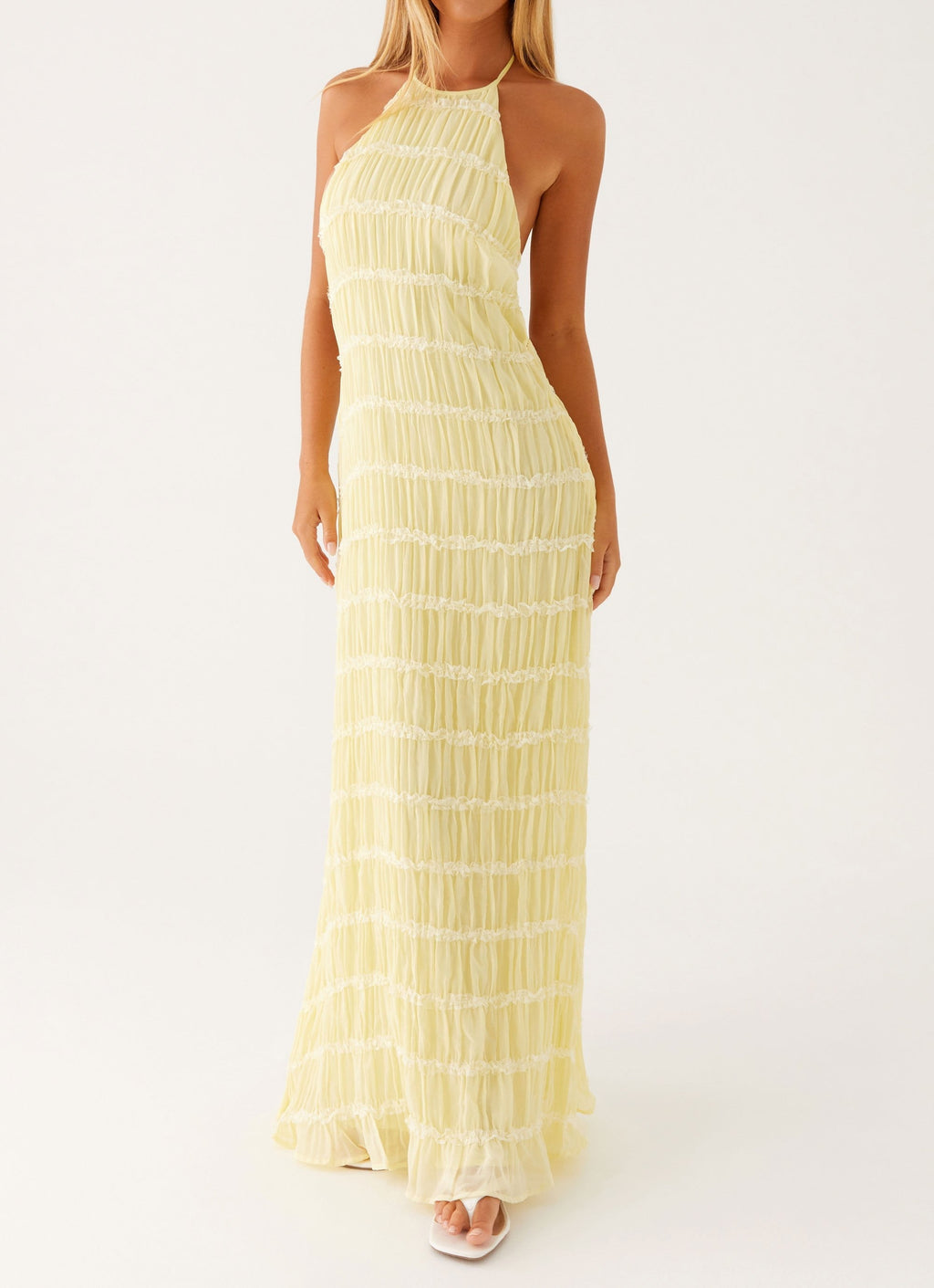 Sarı Dantel Detaylı Halter Maxi Elbise