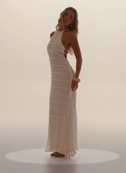 Fildişi Dantel Detaylı Halter Maxi Elbise
