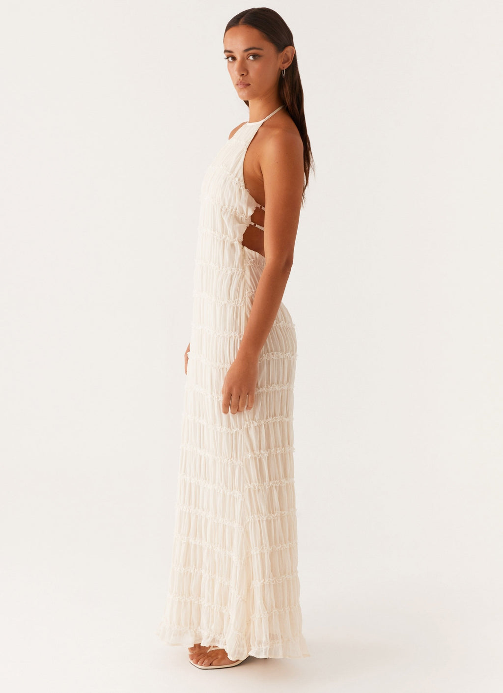 Fildişi Dantel Detaylı Halter Maxi Elbise