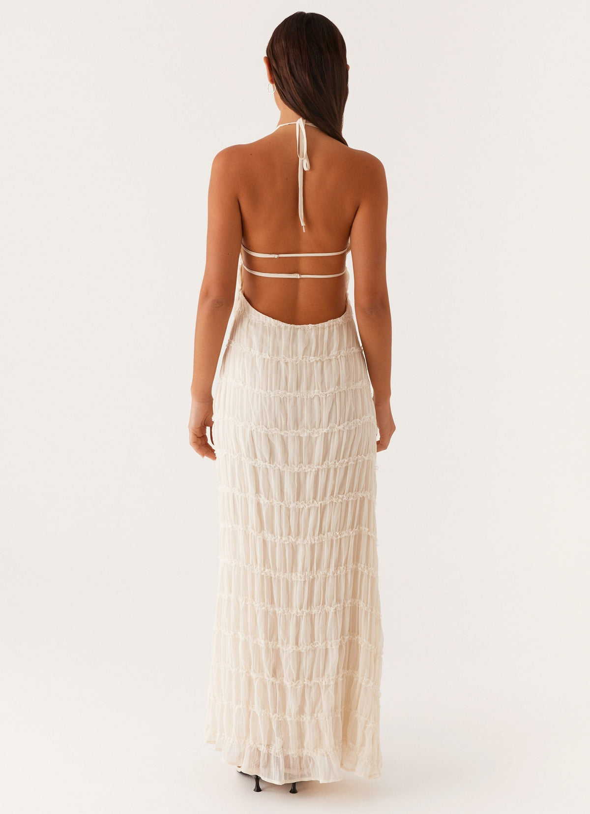 Fildişi Dantel Detaylı Halter Maxi Elbise