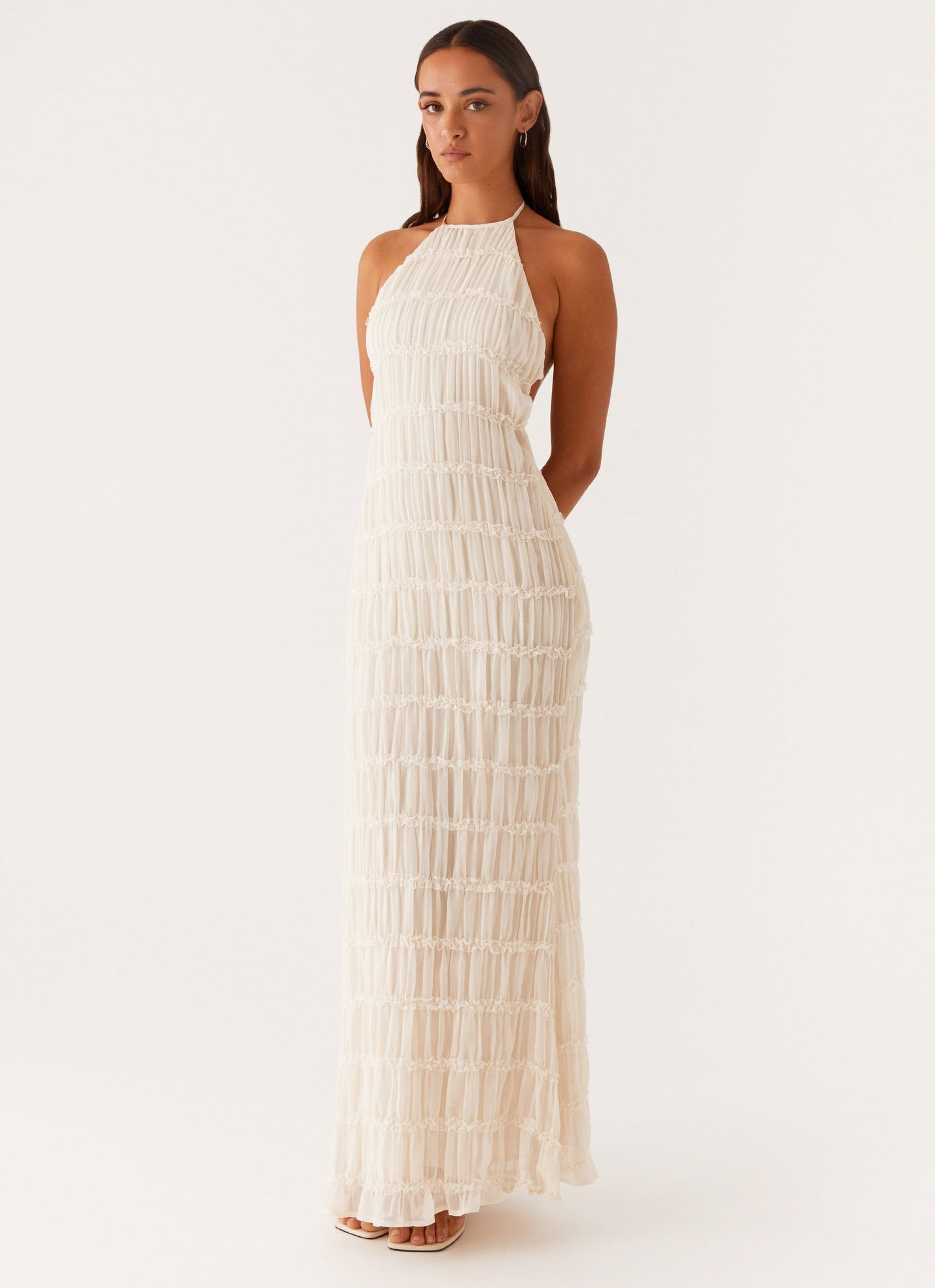 Fildişi Dantel Detaylı Halter Maxi Elbise