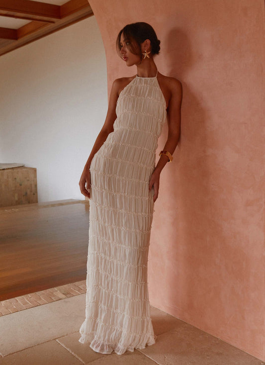 Fildişi Dantel Detaylı Halter Maxi Elbise