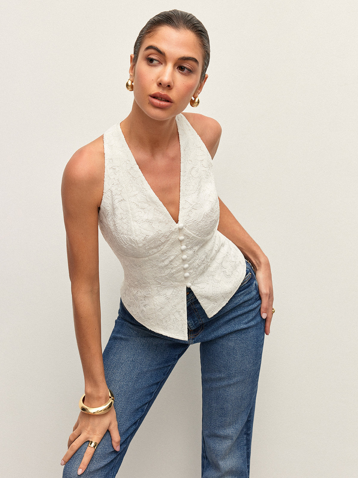 Düğme Detaylı Dantelli Halter Üst