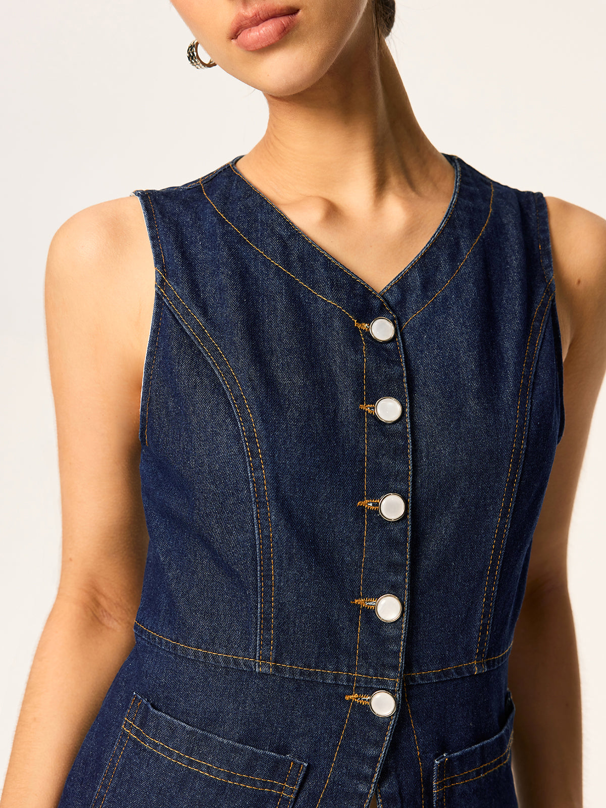 Düğmeli Denim Kolsuz Yelek