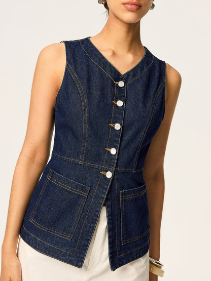 Düğmeli Denim Kolsuz Yelek