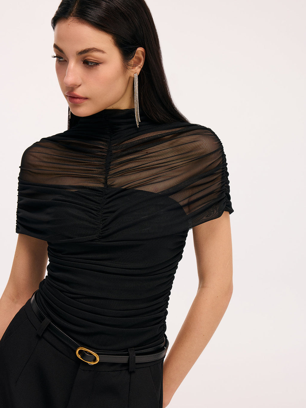 Büzgülü Şeffaf Panelli Kısa Kollu Bodysuit