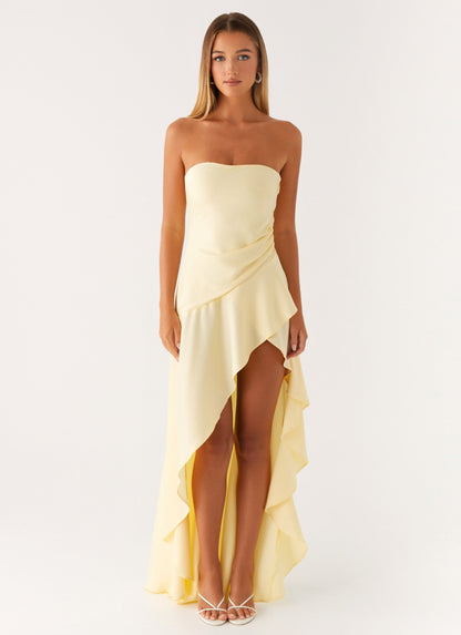 Pastel Sarı Saten Straplez Maxi Elbise