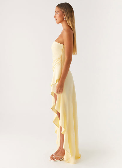 Pastel Sarı Saten Straplez Maxi Elbise