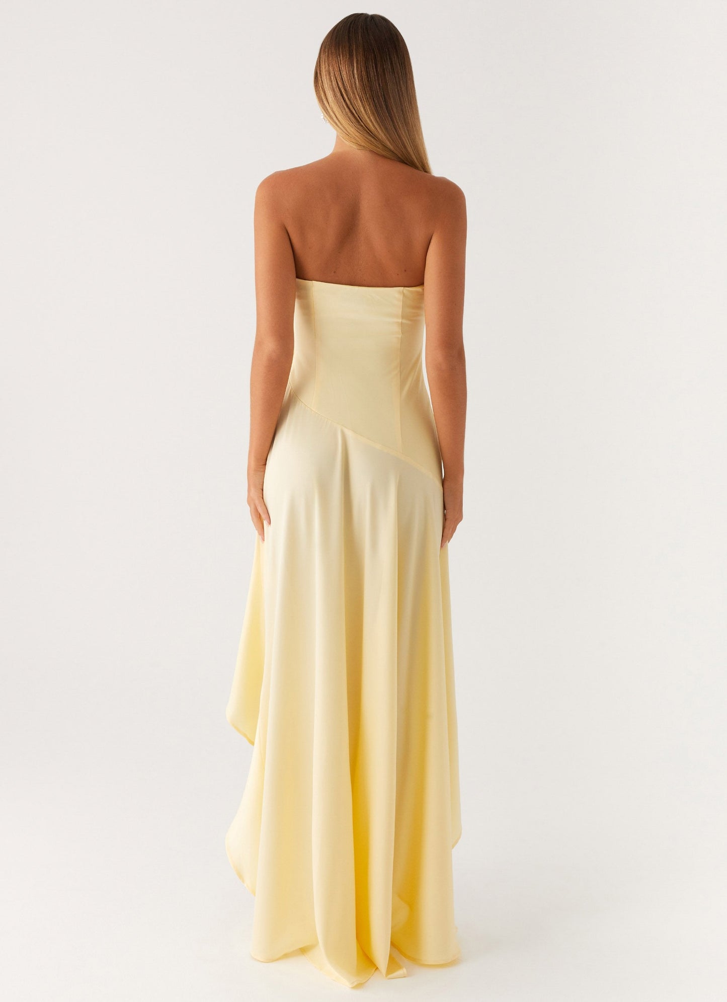 Pastel Sarı Saten Straplez Maxi Elbise