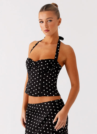 Siyah Puantiyeli Korseli Halter Bluz