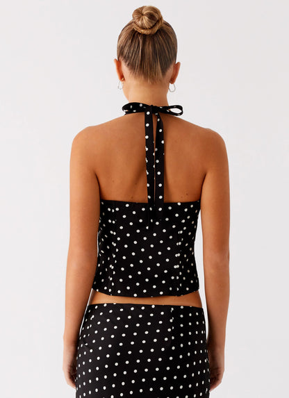 Siyah Puantiyeli Korseli Halter Bluz