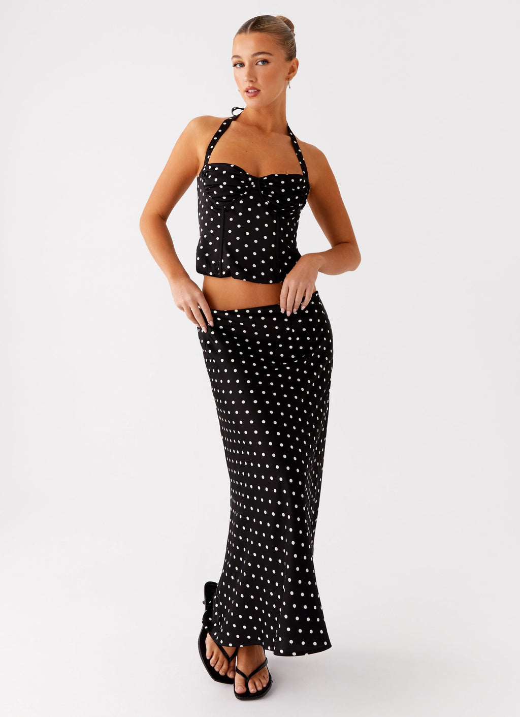 Siyah Puantiyeli Korseli Halter Bluz