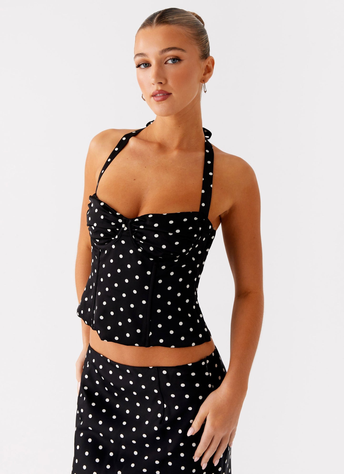 Siyah Puantiyeli Korseli Halter Bluz