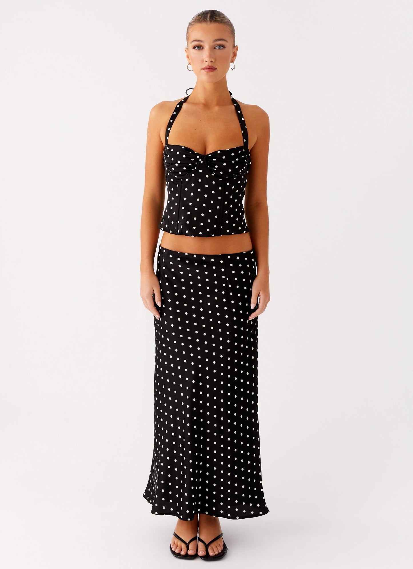 Siyah Puantiyeli Korseli Halter Bluz