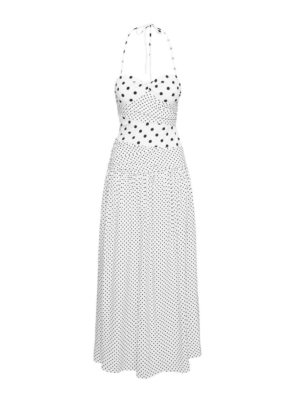 Beyaz Puantiyeli Halter Yaka Maxi Elbise