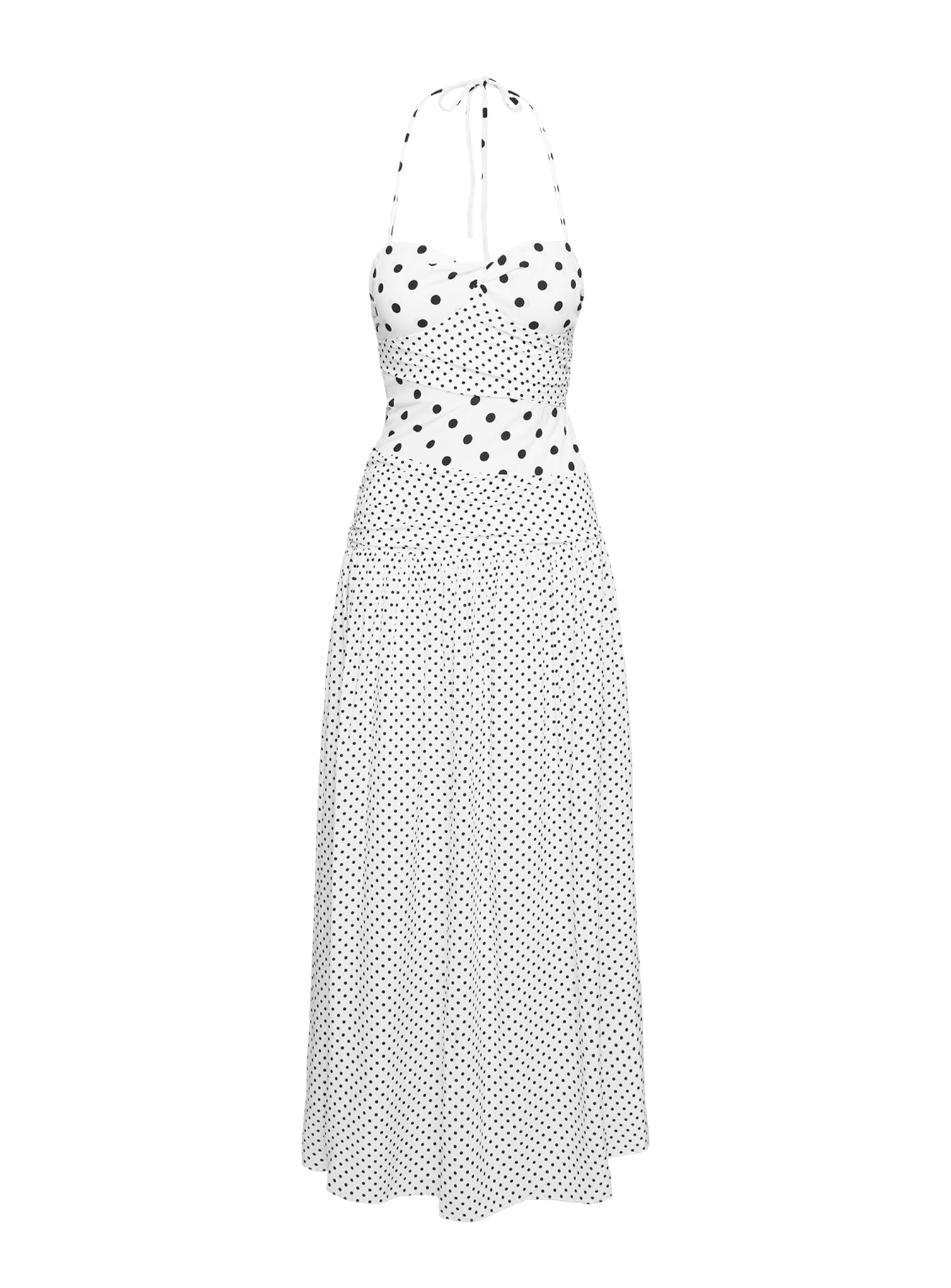 Beyaz Puantiyeli Halter Yaka Maxi Elbise