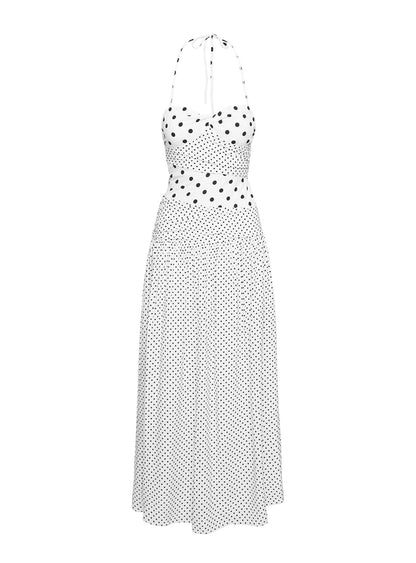 Beyaz Puantiyeli Halter Yaka Maxi Elbise