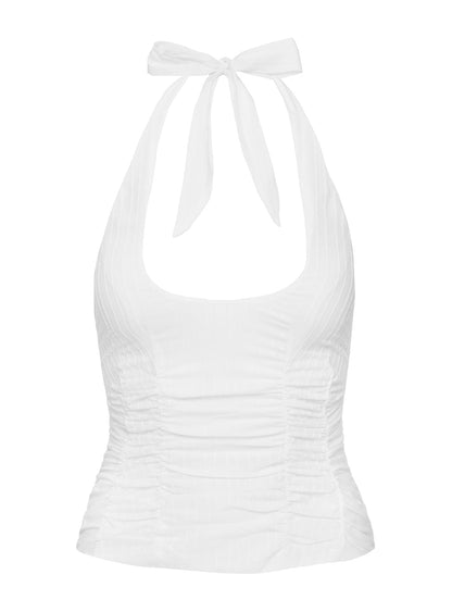 Beyaz Büzgü Detaylı Halter Yaka Top