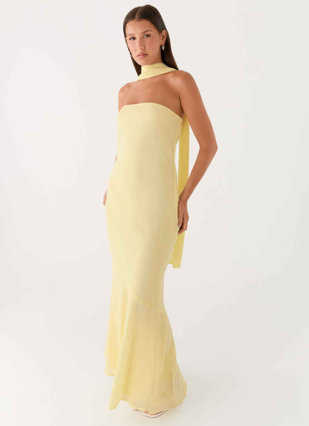 Sarı Askısız Asimetrik Maxi Elbise