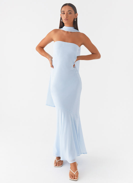 Mavi Askısız Asimetrik Maxi Elbise