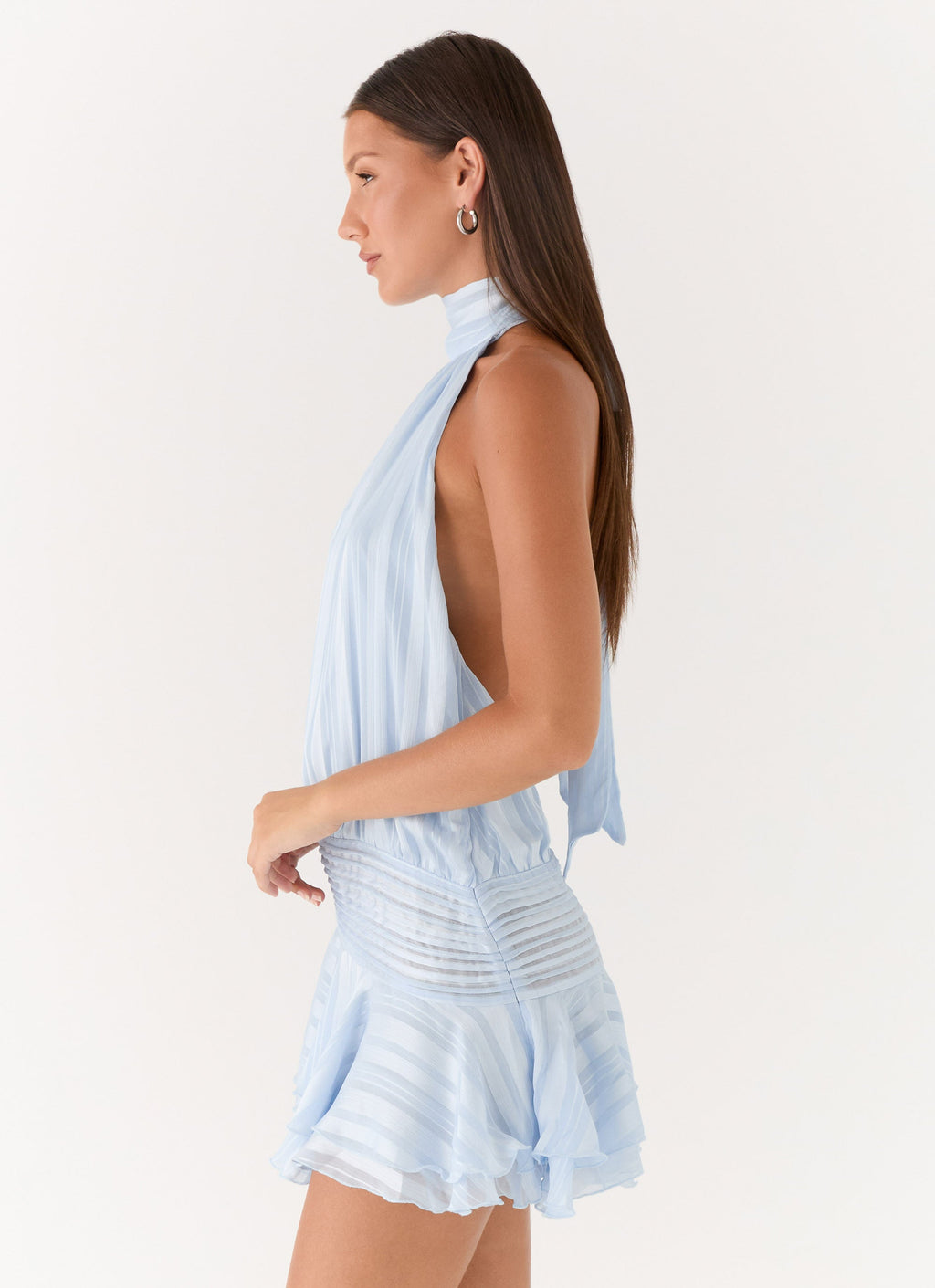 Mavi Şifon Halter Yaka Mini Elbise