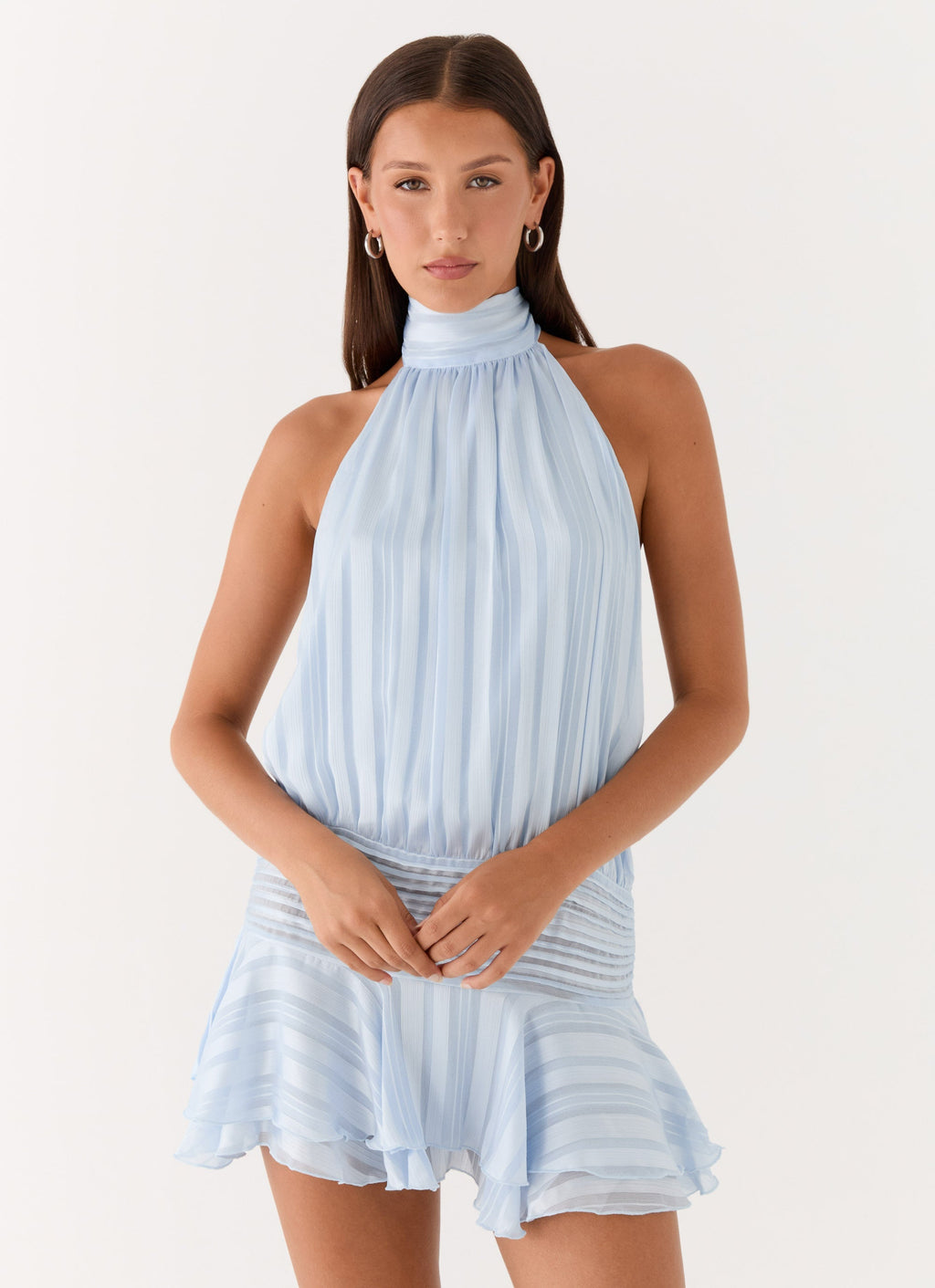 Mavi Şifon Halter Yaka Mini Elbise