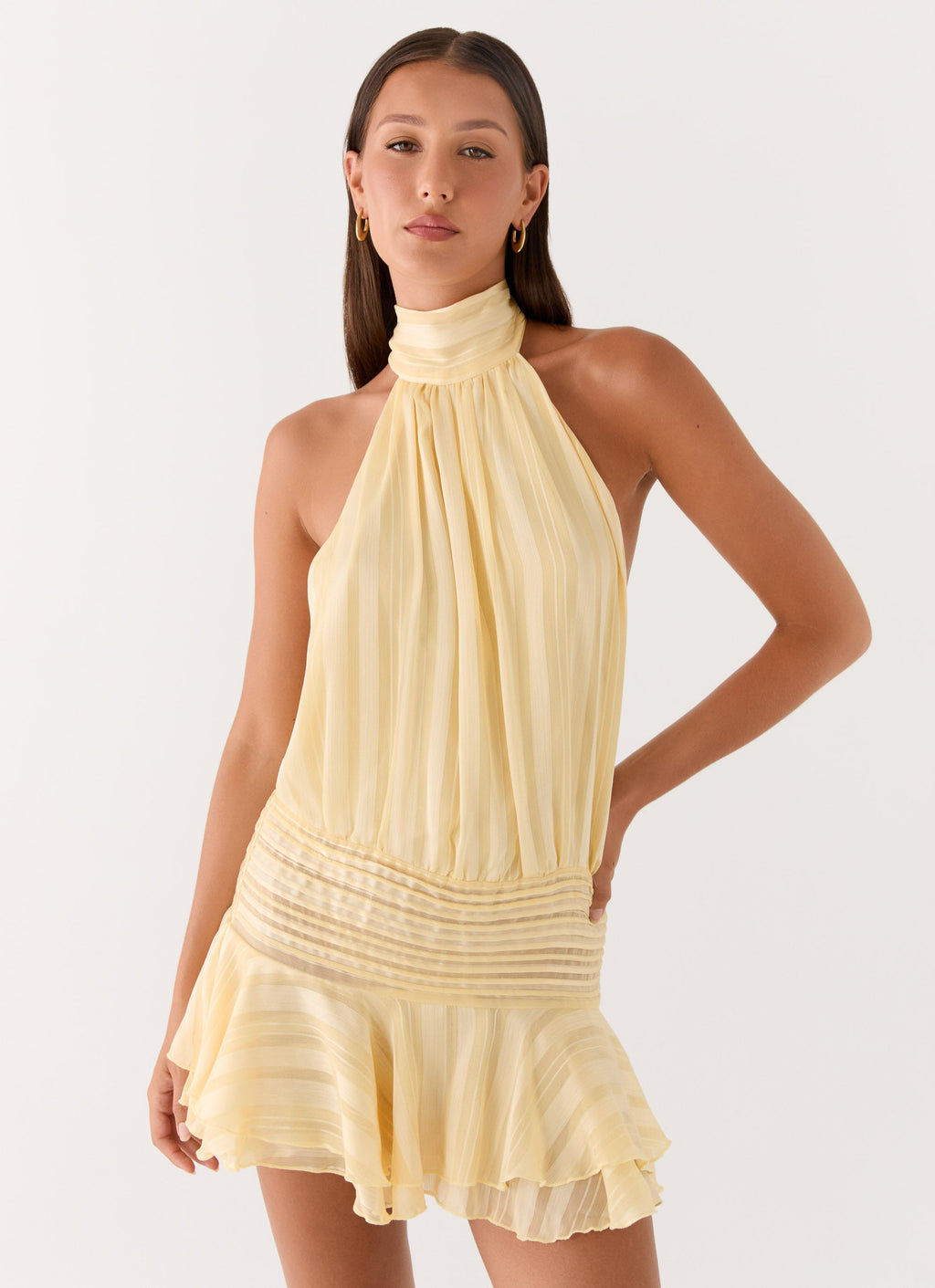Sarı Şifon Halter Yaka Mini Elbise