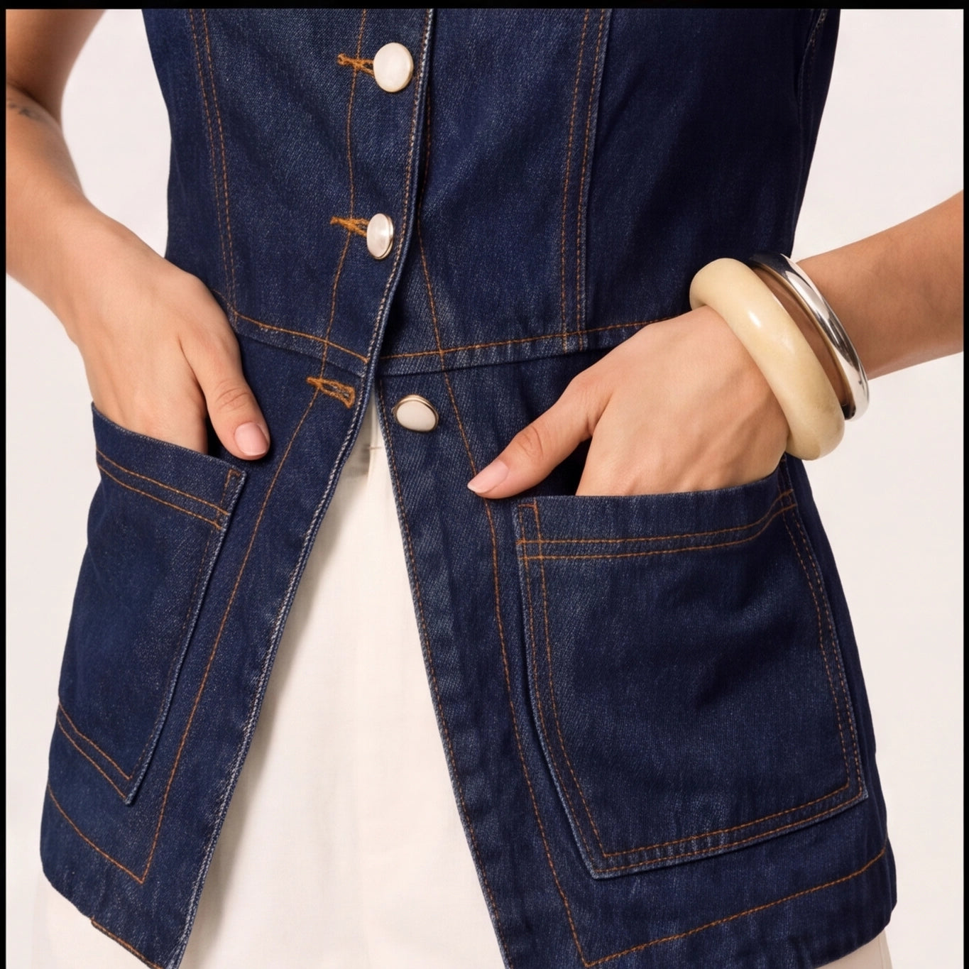Düğmeli Denim Kolsuz Yelek