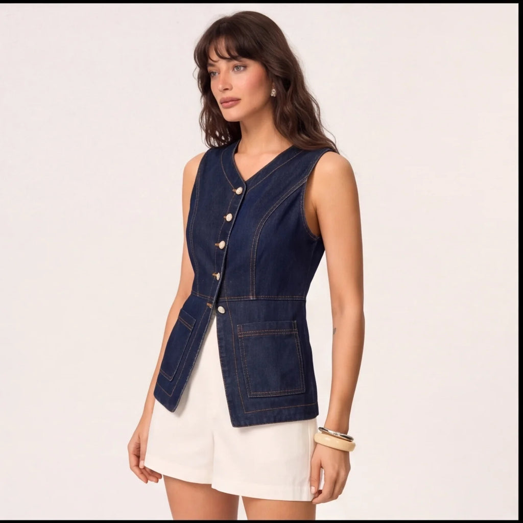 Düğmeli Denim Kolsuz Yelek