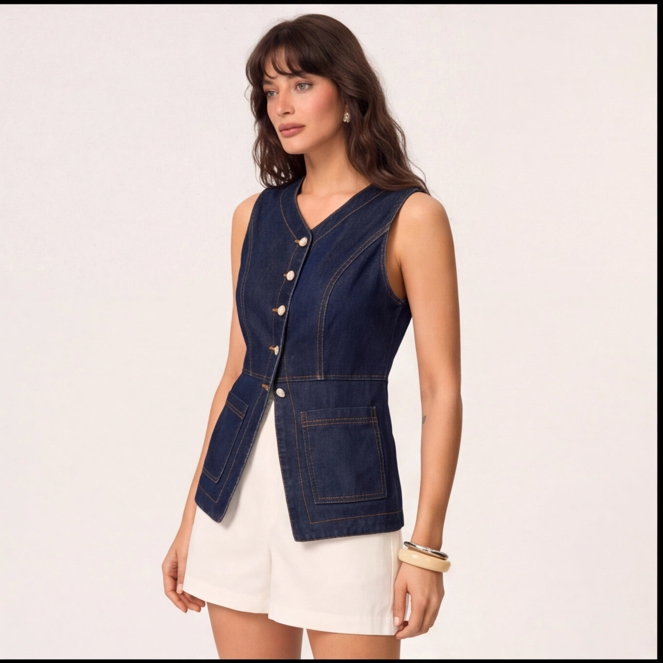 Düğmeli Denim Kolsuz Yelek